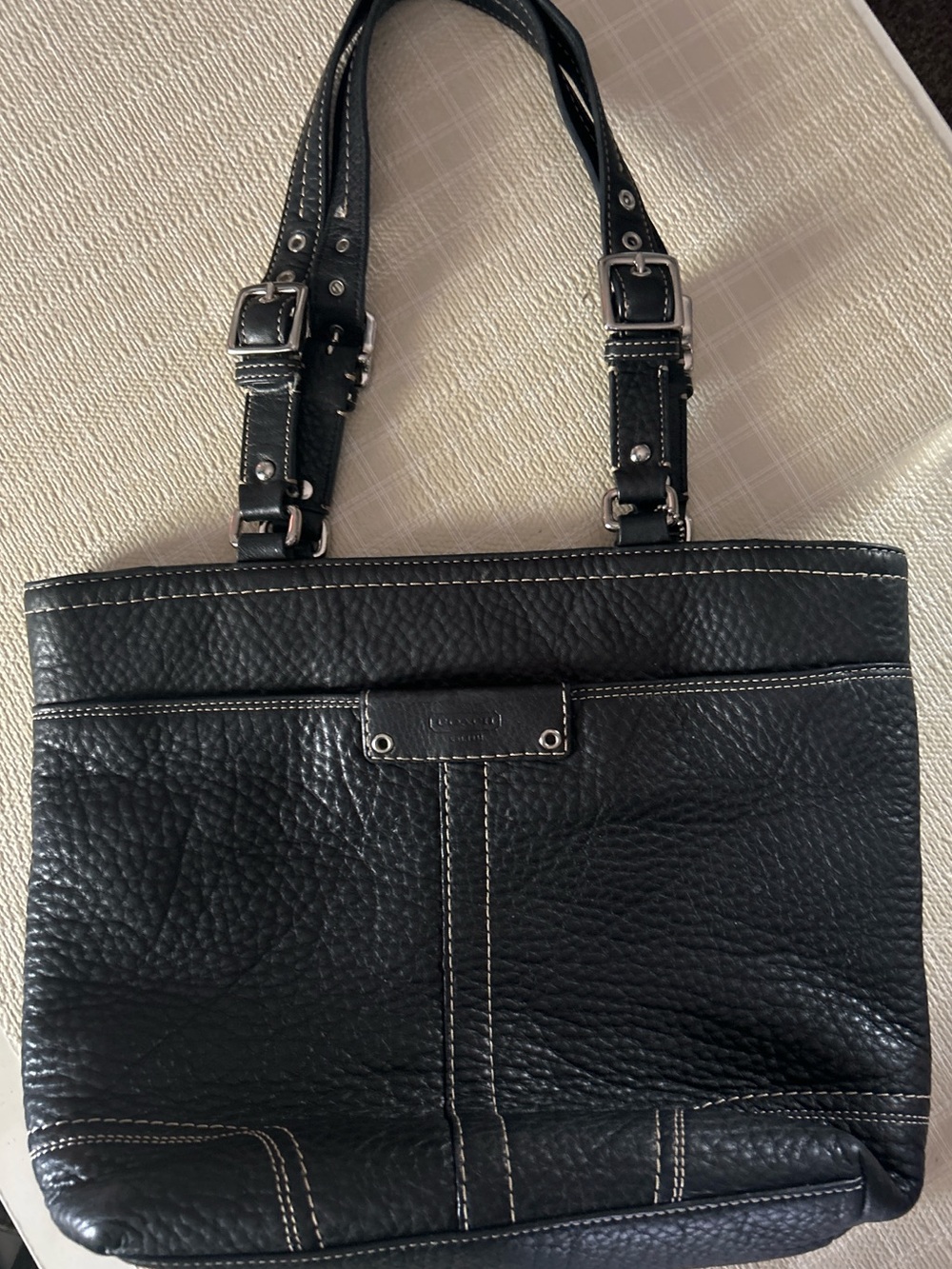 Coach Black Leather Shoulder Bag with White Contrast Stitching